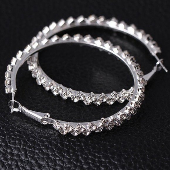NEW 2'' Silver Round Diamond Hoop Earrings - Picture 4 of 9